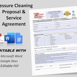 Pressure Cleaning Proposal & Service Agreement, Power Washing Contract Agreement, Proposal or Estimate Template, Pressure Washing Service