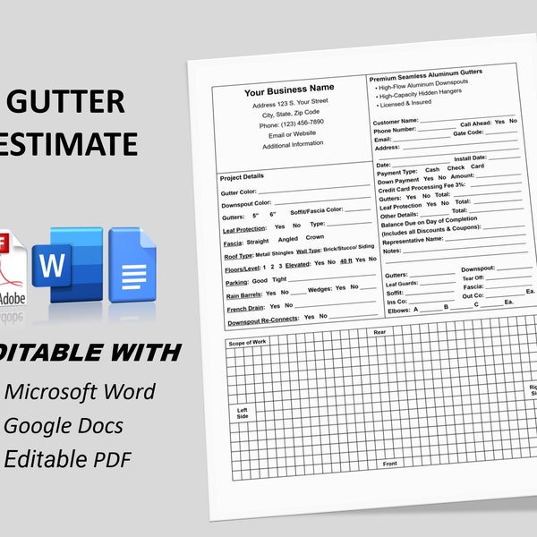 Gutter Estimate, Rain Gutter Installation Quote, Grid Drawing Area, Rain Guttering Estimate Template, MS Word, Fillable PDF