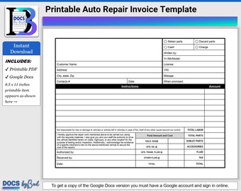 Printable Auto Repair Invoice Template, Auto Repair Template, Downloadable GOOGLE DOCS or PDF Printable Auto Repair Estimate For Vehicles