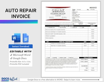 Auto Repair Invoice, Automotive Service Invoice Template, Auto Repair Printable PDF Oil Change Receipt, Service Shop, Word or Google Docs