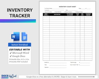 Rastreador de inventario GOOGLE DOCS, registro de inventario, inventario de productos, gestión de inventario, plantilla de inventario, hoja de inventario imprimible y WORD