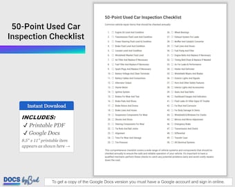 Lista kontrolna 50-punktowej kontroli używanego samochodu do wydrukowania, edytowalne dokumenty Google, raport z kontroli pojazdu, lista kontrolna wielopunktowej kontroli samochodu