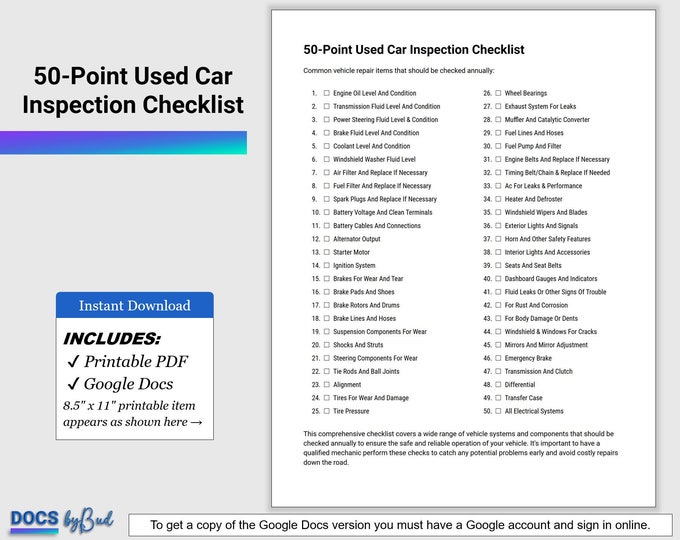 PDF Printable Vehicle Inspection Report, Used Vehicle Inspection Sheet ...