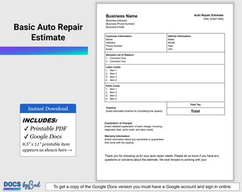 基本的な自動車修理見積、自動車サービス見積テンプレート、印刷可能な PDF および Google ドキュメントの見積または修理、自動車修理サービス ショップ