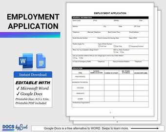 Employment Application Template, Microsoft Word, Application for Employment of candidate New Hire Employee applicants, Job Application Form