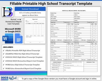 Plantilla de expediente académico de escuela secundaria imprimible y rellenable con boleta de calificaciones de educación en el hogar de Google Docs y ejemplo de expediente académico de educación en el hogar completado