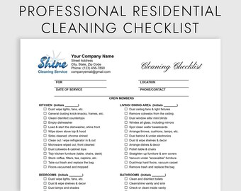 Professional Residential Cleaning Checklist. House Cleaning Template with Logo. Editable in Microsoft WORD or Google Docs