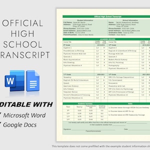 Authentic Look! Fillable Printable High School Transcript Template, Homeschool Transcript Template, Google Docs or Microsoft Word Template
