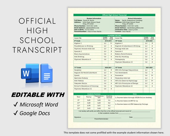 Authentic Look! Fillable Printable High School Transcript Template, Homeschool Transcript Template, Google Docs or Microsoft Word Template