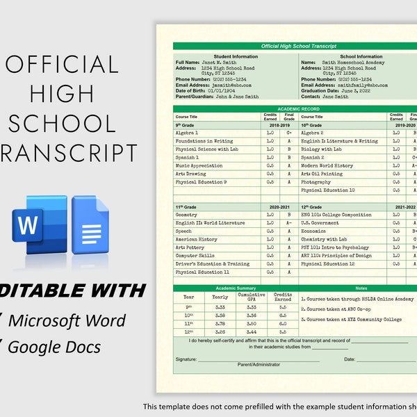 Authentic Look! Fillable Printable High School Transcript Template, Homeschool Transcript Template, Google Docs or Microsoft Word Template