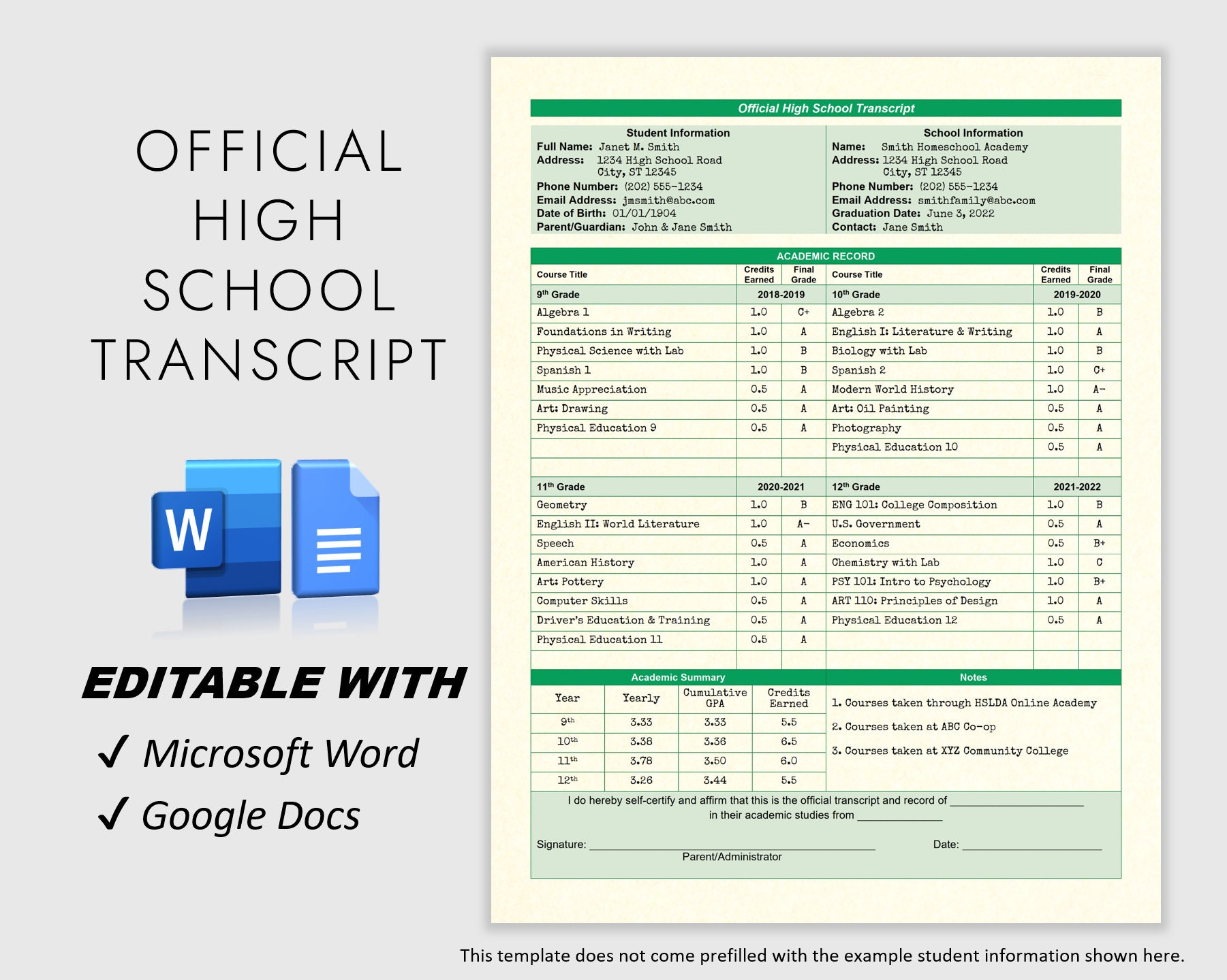 Authentic Look Fillable Printable High School Transcript Template 