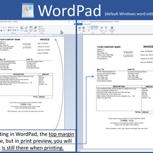 May include: A simple invoice template in WordPad, the default Windows word processor. The invoice includes a company name, logo, invoice number, date, amount, bill to, ship to, description, and amount. The invoice is for &pound;508.68.
