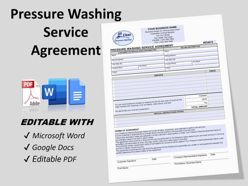 Pressure Washing Service Agreement, Power Washing Contract Agreement Pressure Washing Service Agreement, Power Washing Contract Agreement