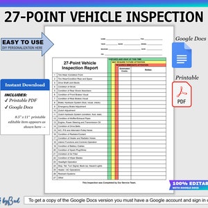 27 Point Vehicle Inspection Report, Auto Mechanics Multi-Point Vehicle Inspection Checklist, Service Department Worksheet PDF & GOOGLE DOCS
