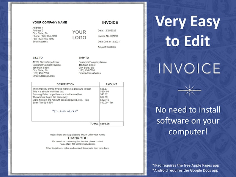 May include: A blue and white invoice template with the text "Very Easy to Edit" and "No need to install software on your computer!" The invoice is for &pound;508.66 and is due on 9/12/2021.