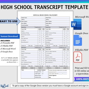 High School Transcript Template Fillable PDF, Printable Homeschool Transcript Template PDF, Fully Editable in Microsoft Word or Google Docs