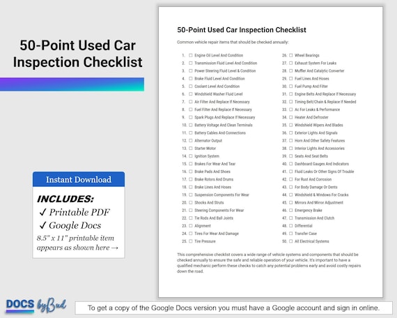 50-Point Used Car Inspection Checklist Printable, Editable Google Docs, Vehicle Inspection Report, Multi-point Auto Inspection Checklist