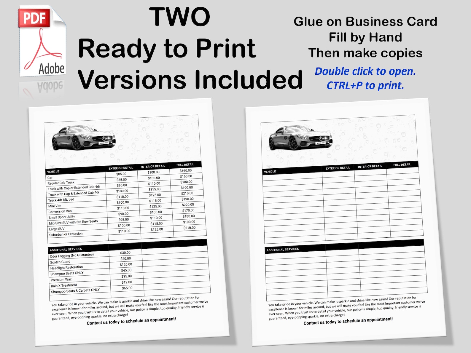 Auto Detailing Price List, Mobile Auto Detailing Price Menu, Pricing