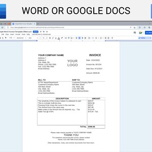 May include: A simple invoice template displayed in a Google Docs window. The invoice is for a company named "YOUR COMPANY NAME" and includes a logo, billing and shipping information, a description of services, and a total amount due of &pound;508.66.