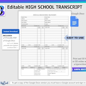 GOOGLE DOCS Fillable Printable High School Transcript, Editable Homeschool Transcript for College Application, Back to School Supplies