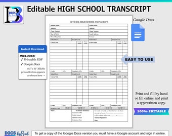 GOOGLE DOCS Fillable Printable High School Transcript, Editable Homeschool Transcript for College Application, Back to School Supplies