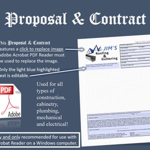 以下が含まれることがあります： 「提案と契約」と題されたPDFドキュメント。編集可能なテキストフィールドがあります。「Jim's Roofing & Guttering」のロゴが含まれており、建設、配管、電気プロジェクト向けに設計されています。Adobe Acrobat Readerでの使用を推奨します。