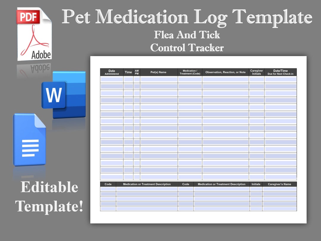 Pet Medication Log Template, PDF, Word, and Google Docs, Editable