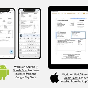 May include: A screenshot showing how to use Google Docs on an Android phone and Apple Pages on an iPad to edit a simple invoice template. The invoice template includes a company name, logo, billing and shipping addresses, description of items, amount, and total. The invoice template is titled "Estimate".