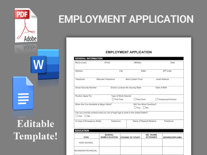 Employment Application Template Microsoft Word Application - Etsy