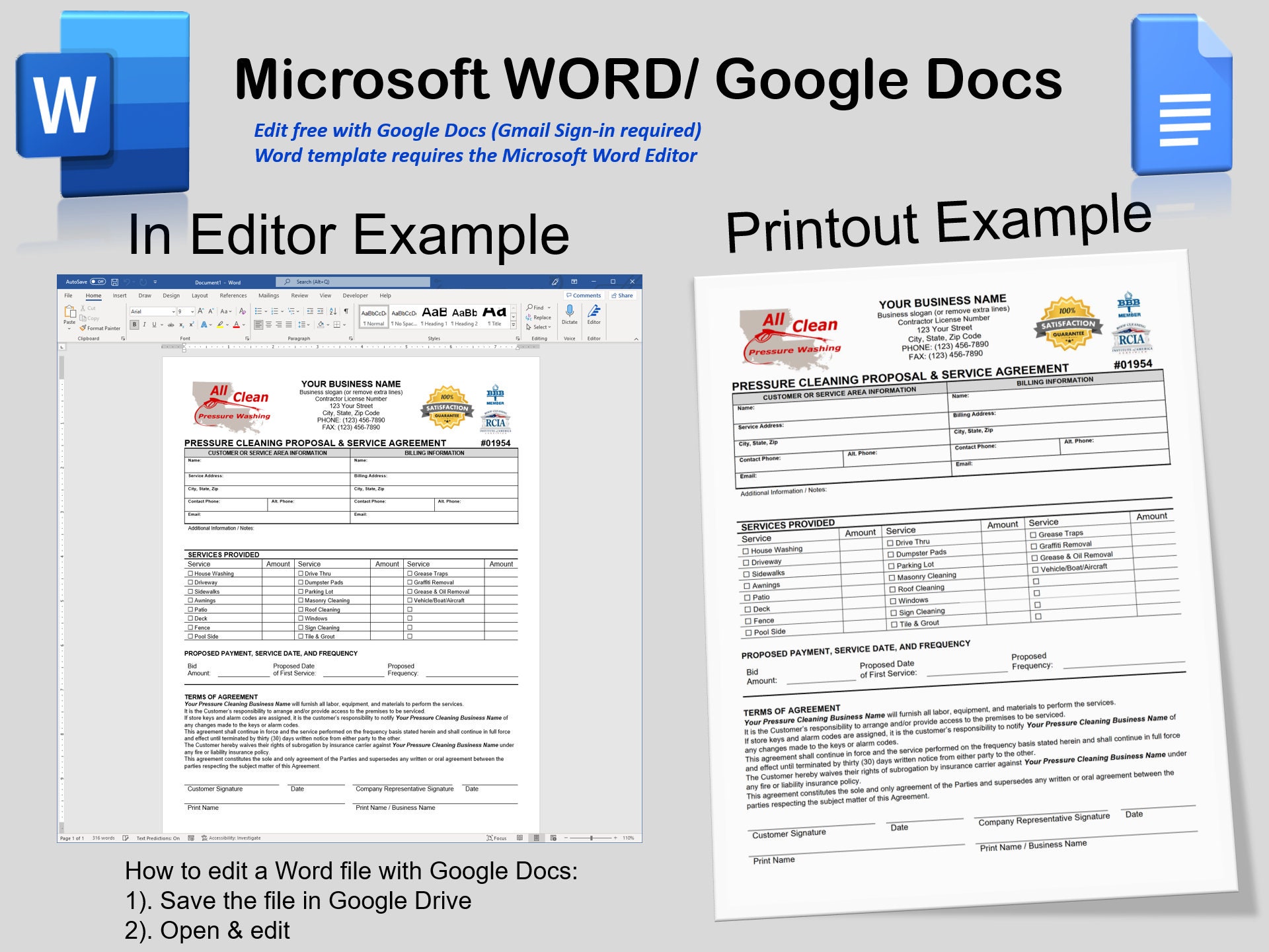 Pressure Cleaning Proposal & Service Agreement, Power Washing Contract