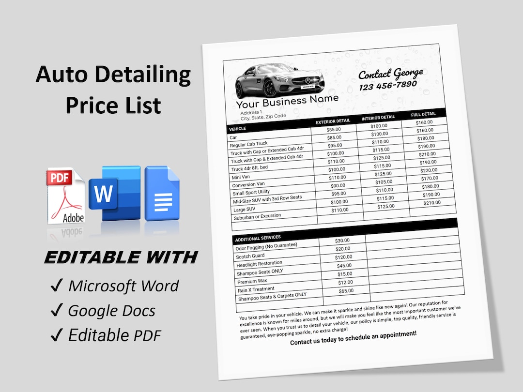 Auto Detailing Price List, Mobile Auto Detailing Price Menu, Pricing Guide, Detailing Price