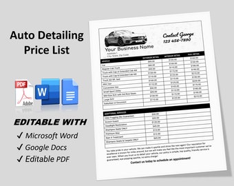 Auto Detailing Price List, Mobile auto detailing Price Menu, Pricing Guide, Detailing Price Chart, Mobile Price List, Price Range Template