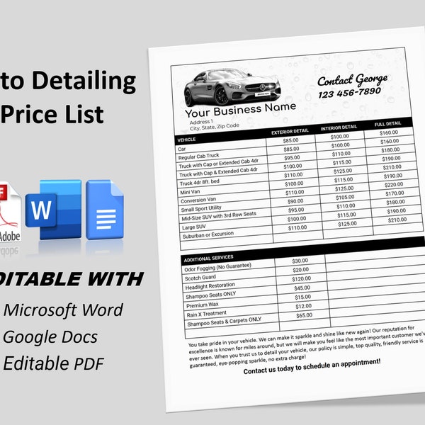 Auto Detailing Price List, Mobile auto detailing Price Menu, Pricing Guide, Detailing Price Chart, Mobile Price List, Price Range Template