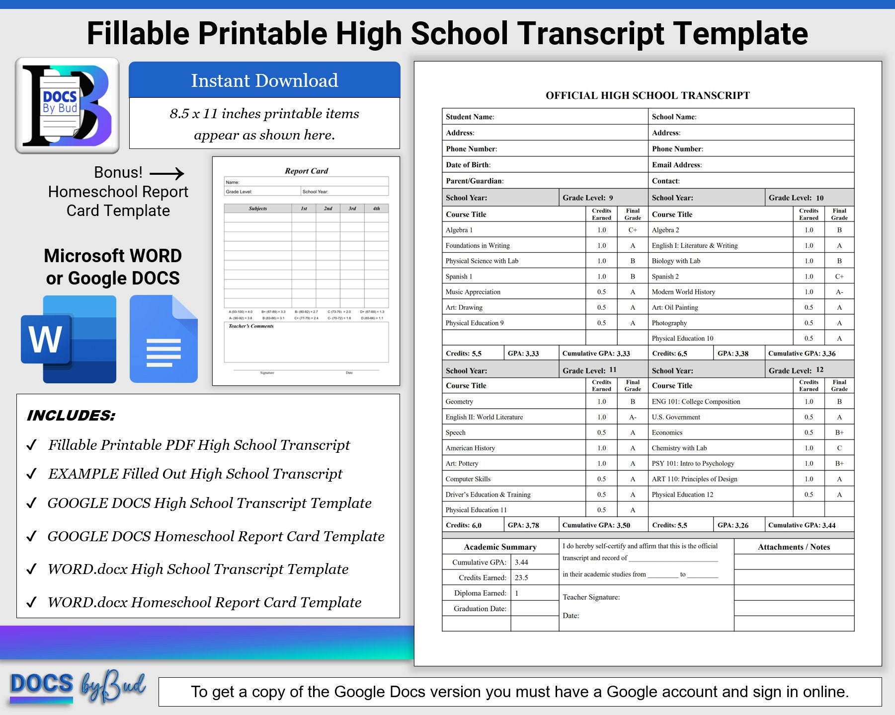 Fillable Printable High School Transcript Template With Google Docs ...