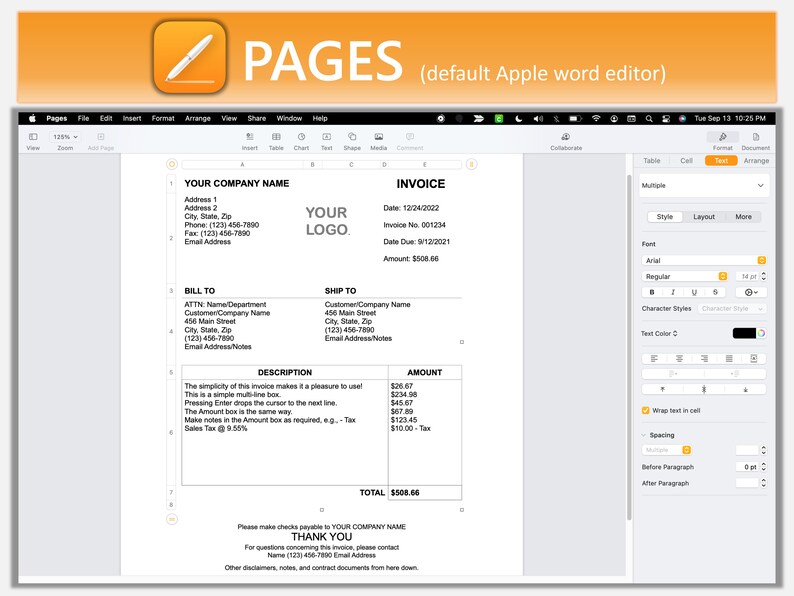 May include: A simple invoice template displayed on a computer screen. The invoice is for &pound;508.66 and includes a description of the items and their amounts. The invoice is dated 12/24/2022 and is due on 9/12/2021.