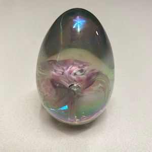 Iridescent Glass Egg Paperweight with Pink and White Spotted Flower