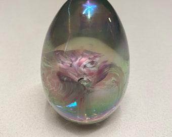 Iridescent Glass Egg Paperweight with Pink and White Spotted Flower