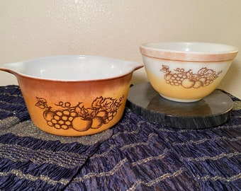 Vintage PYREX Old Orchard Mixing Bowl and Deep Baking Dish