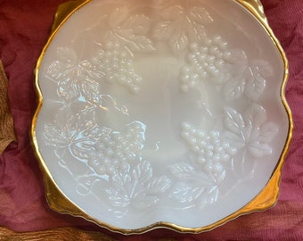 Vintage Fire King Anchor Hocking Milk Glass with Gold Trim Grapes with Leaves Pattern Serving Dish