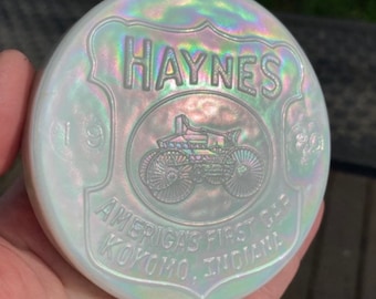 Vintage Haynes Indiana America First Car White Carnival Art Glass Paperweight