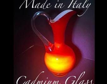 Italian CADMIUM Art Glass Pitcher Vase Tall Made in Italy Sticker In Tact