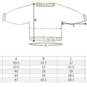 May include: A chart showing sweater measurements in inches for five sizes. The chart shows the measurements for the length, bust, sleeve length, and shoulder width.