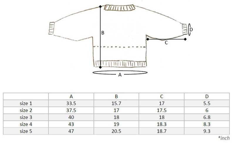 May include: A chart showing sweater measurements in inches for five sizes. The chart shows the measurements for the length, bust, sleeve length, and shoulder width.