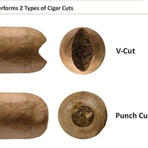 May include: Two types of cigar cuts: a V-cut and a punch cut. The V-cut is a diagonal cut across the end of the cigar, while the punch cut is a small, round hole punched through the end.