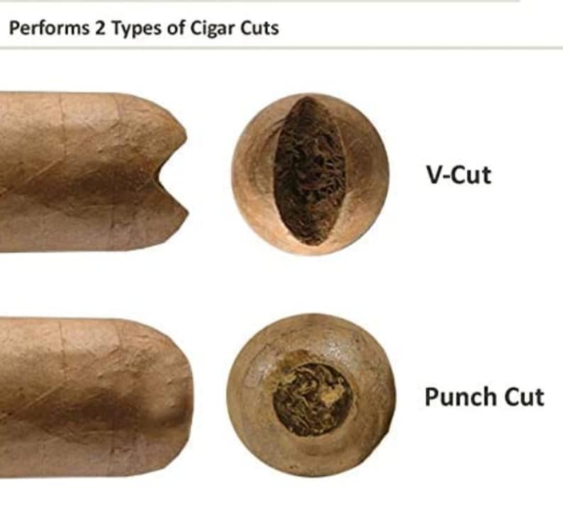 May include: Two types of cigar cuts: a V-cut and a punch cut. The V-cut is a diagonal cut across the end of the cigar, while the punch cut is a small, round hole punched through the end.