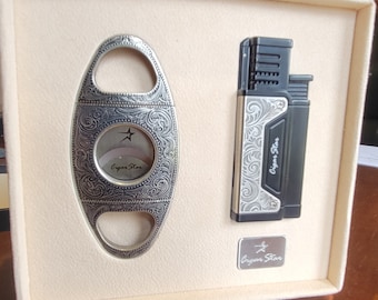 Ornate Cigar Cutter Lighter with Punch Gift Set Cigar Star Razor Sharp.
