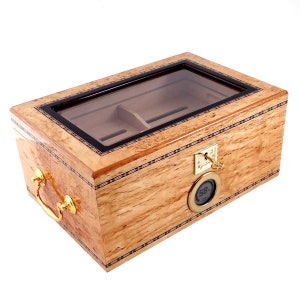 Cigar Star Humidor made from Birch Burl Powered with Boveda for 80-100 cigars. Digital Hygrometer, Spanish cedar airflow rack