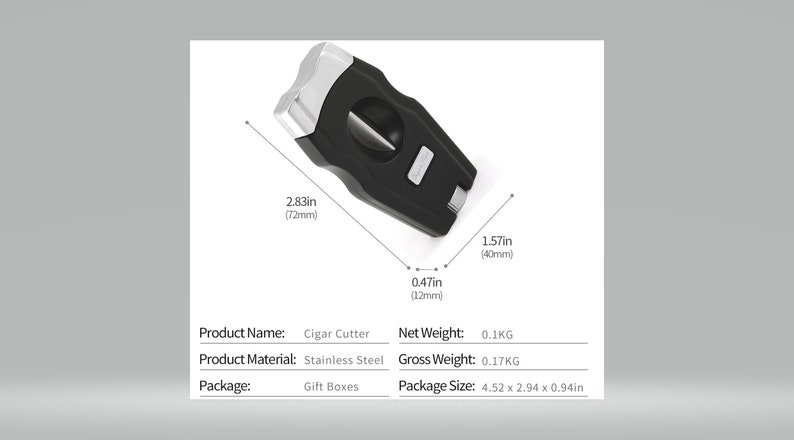 May include: A black and silver cigar cutter with a guillotine blade. The cutter is 7.2 cm long, 4 cm wide, and 1.2 cm thick. It is made of stainless steel and comes in a gift box.