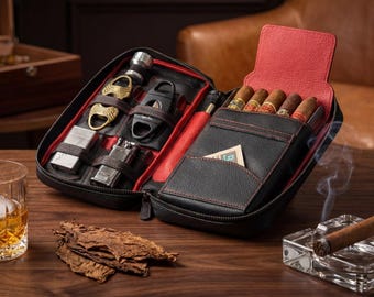 Full-Grain Leather Cigar Case, Red & Black, 5-6 Cigar Capacity