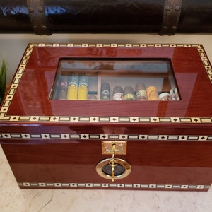 Large Cigar Humidor Handcrafted From Bubinga and Spanish Cedar, Digital Hygrometer, Crystal Humidifier, Cedar Flow Rack